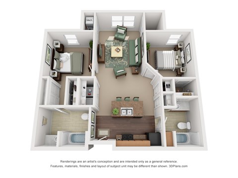A 3D floor plan of a house with a living room, kitchen, and two bedrooms.